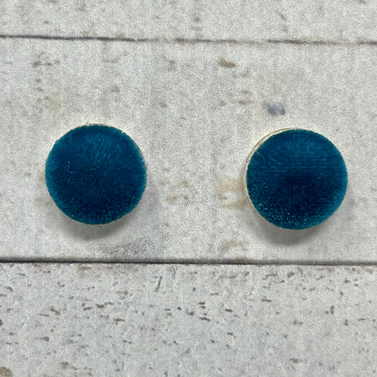 Teal Fuzzy Fabric Stud Earrings