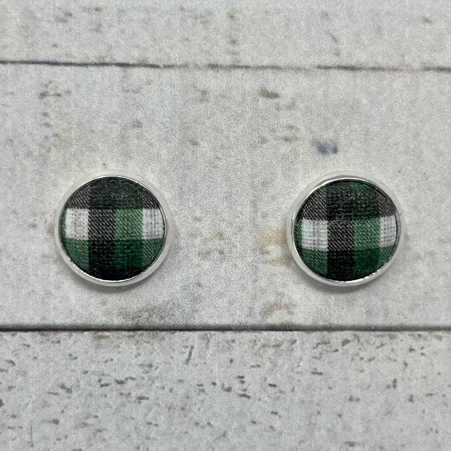 Green, Black, & White Plaid Fabric Stud Earrings