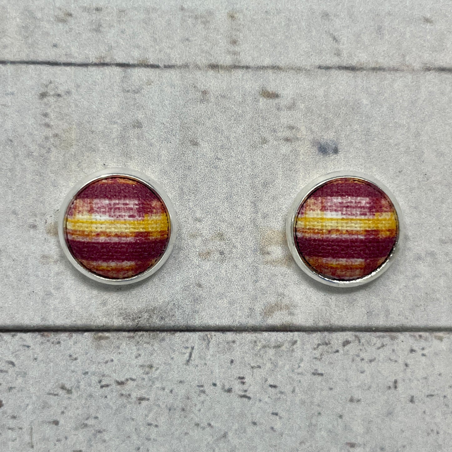 Maroon, Gold, & White Plaid Fabric Stud Earrings