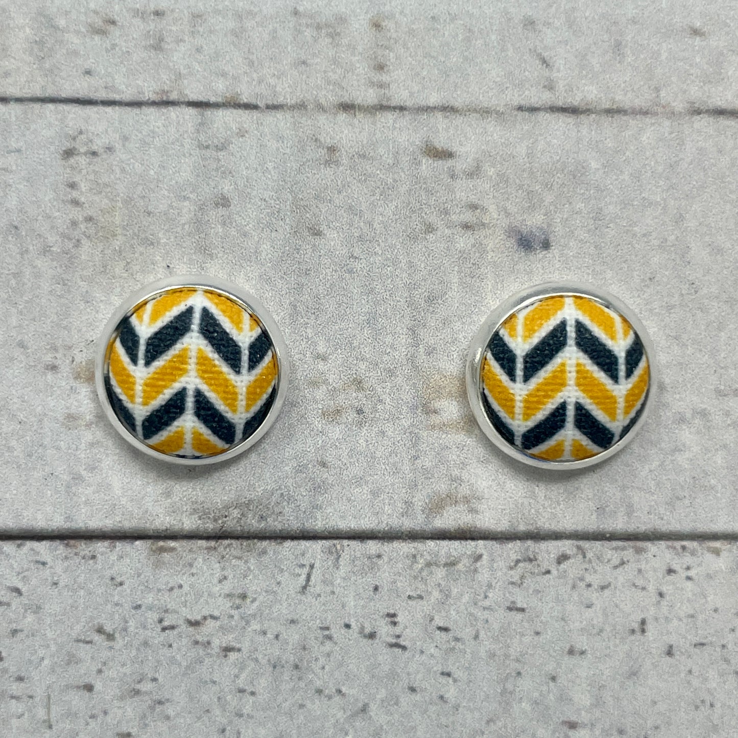 Gold, Navy, & White Herringbone Fabric Stud Earrings