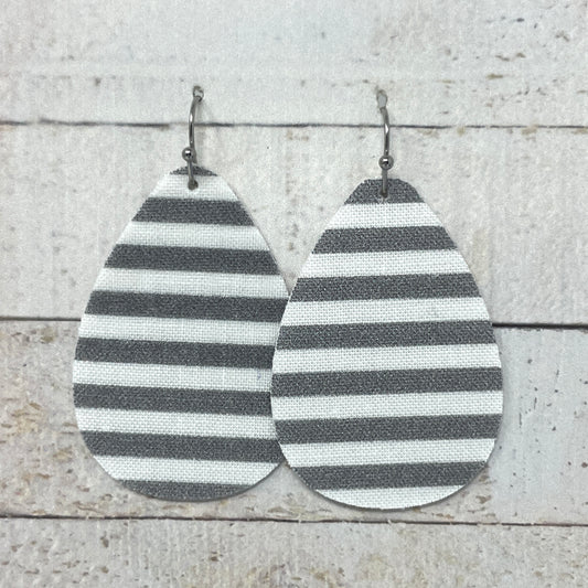 Gray & White Striped Fabric Teardrop Earrings