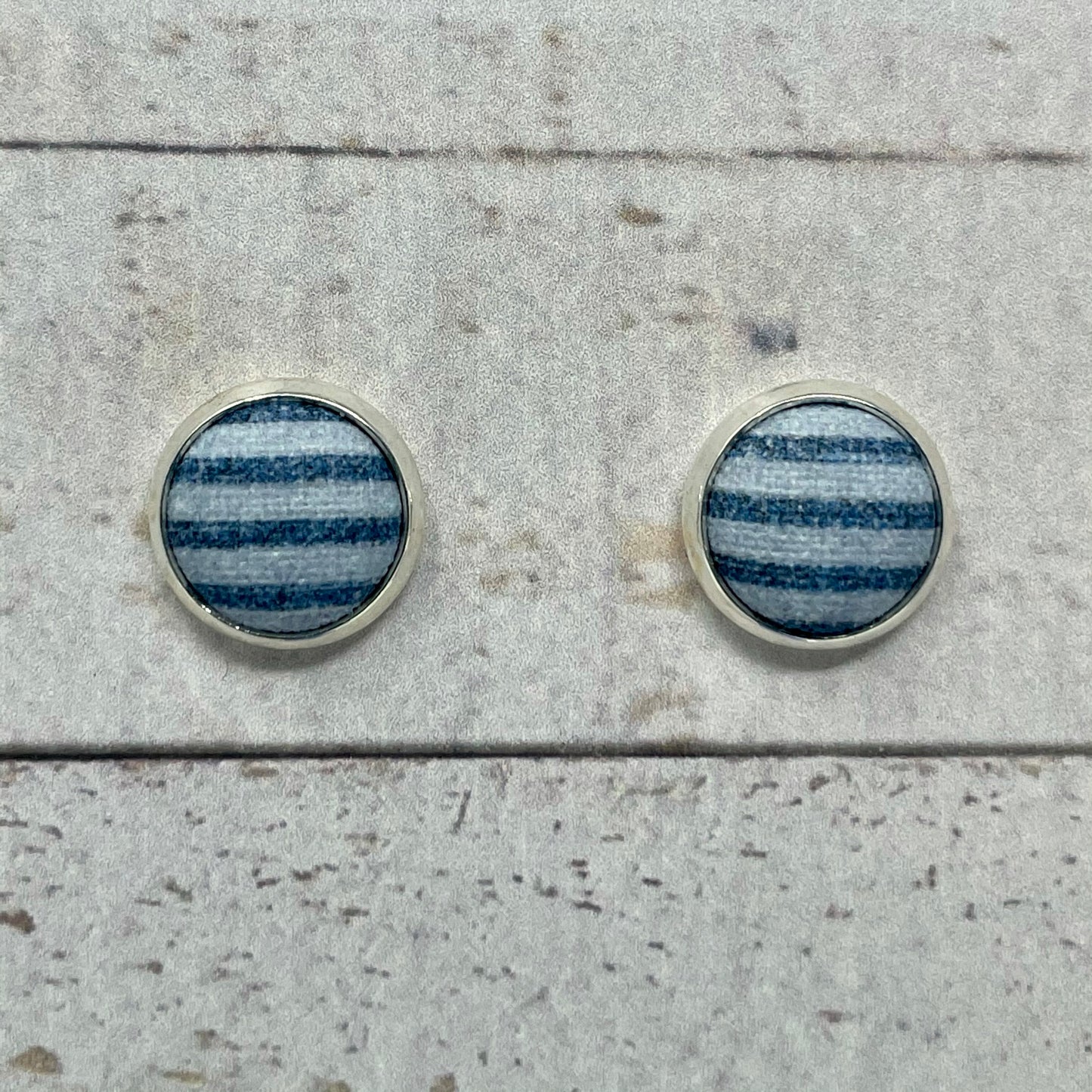 Blue Striped Fabric Stud Earrings