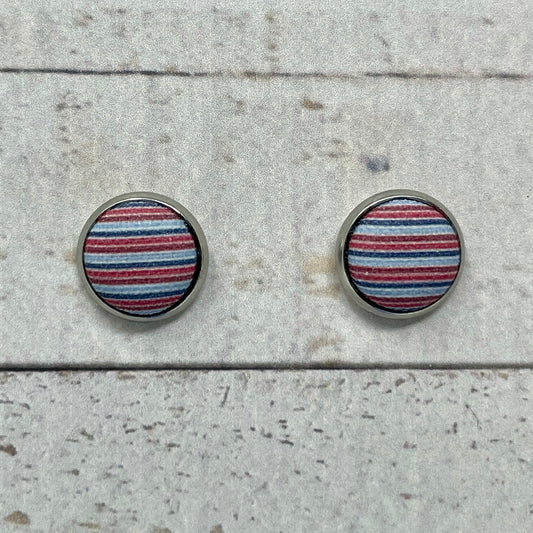 Red, White & Blue Thin Striped Fabric Stud Earrings