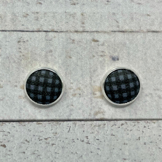 Black & Gray Gingham Fabric Stud Earrings