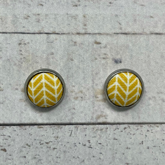 Mustard Herringbone Fabric Stud Earrings