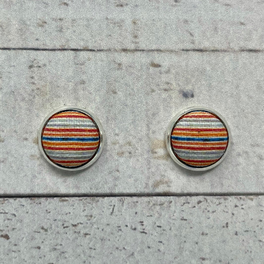 Orange & Blue Striped Fabric Stud Earrings