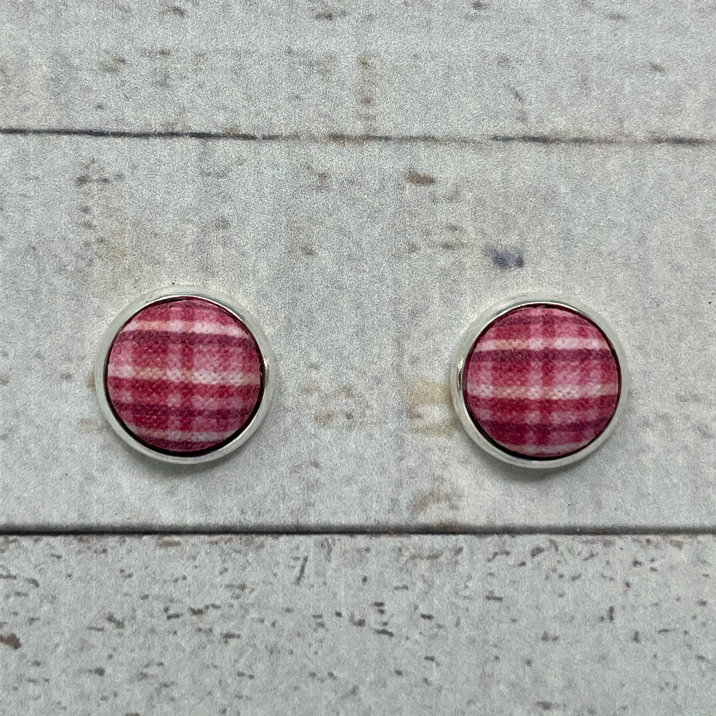 Pink Plaid Fabric Stud Earrings