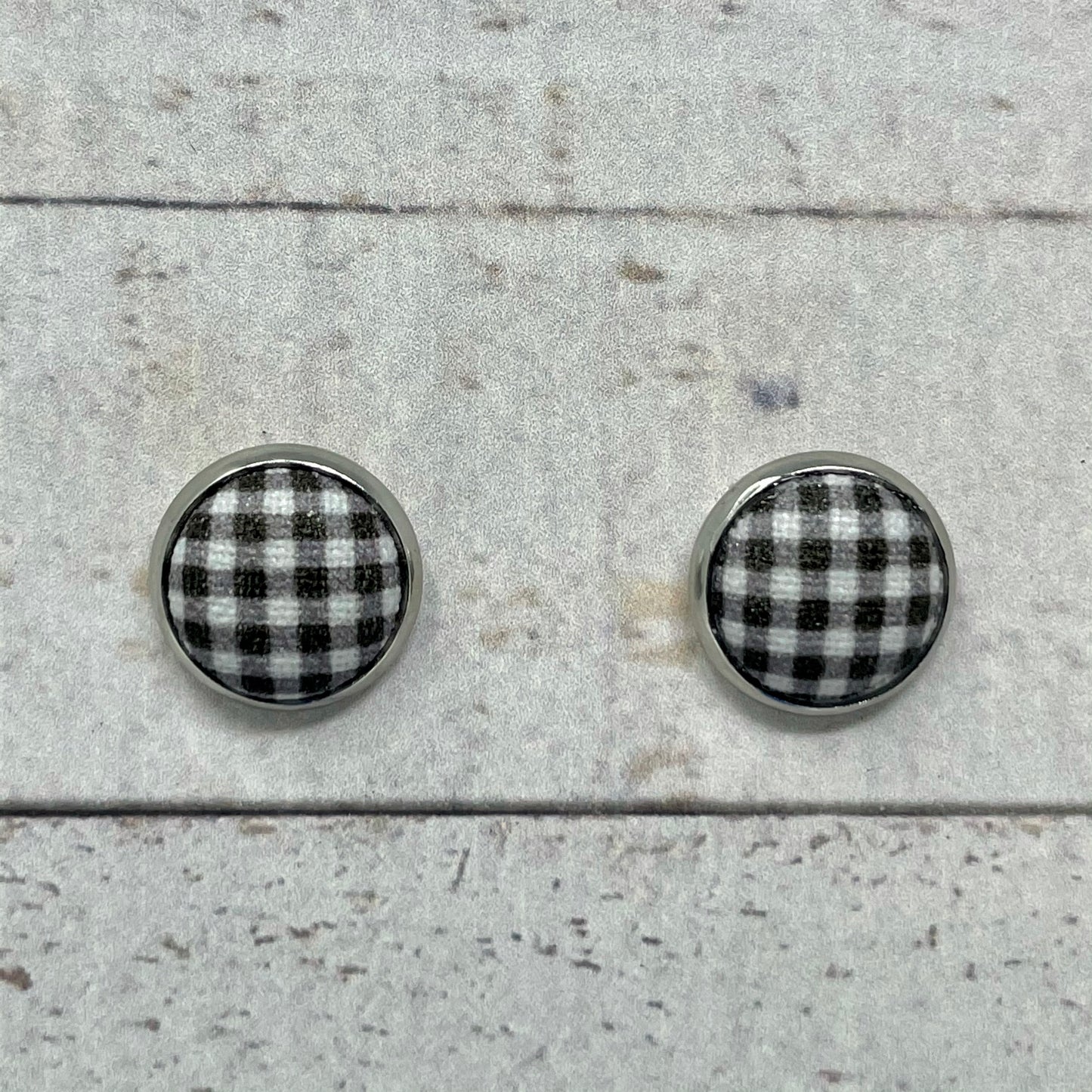 Black & White Gingham Fabric Stud Earrings