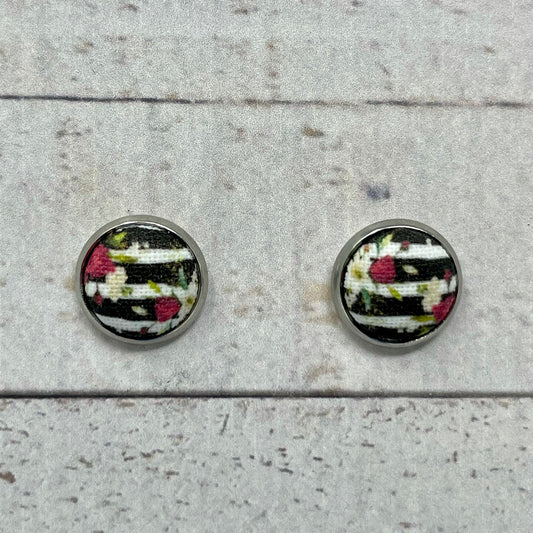 Striped Floral Fabric Stud Earrings