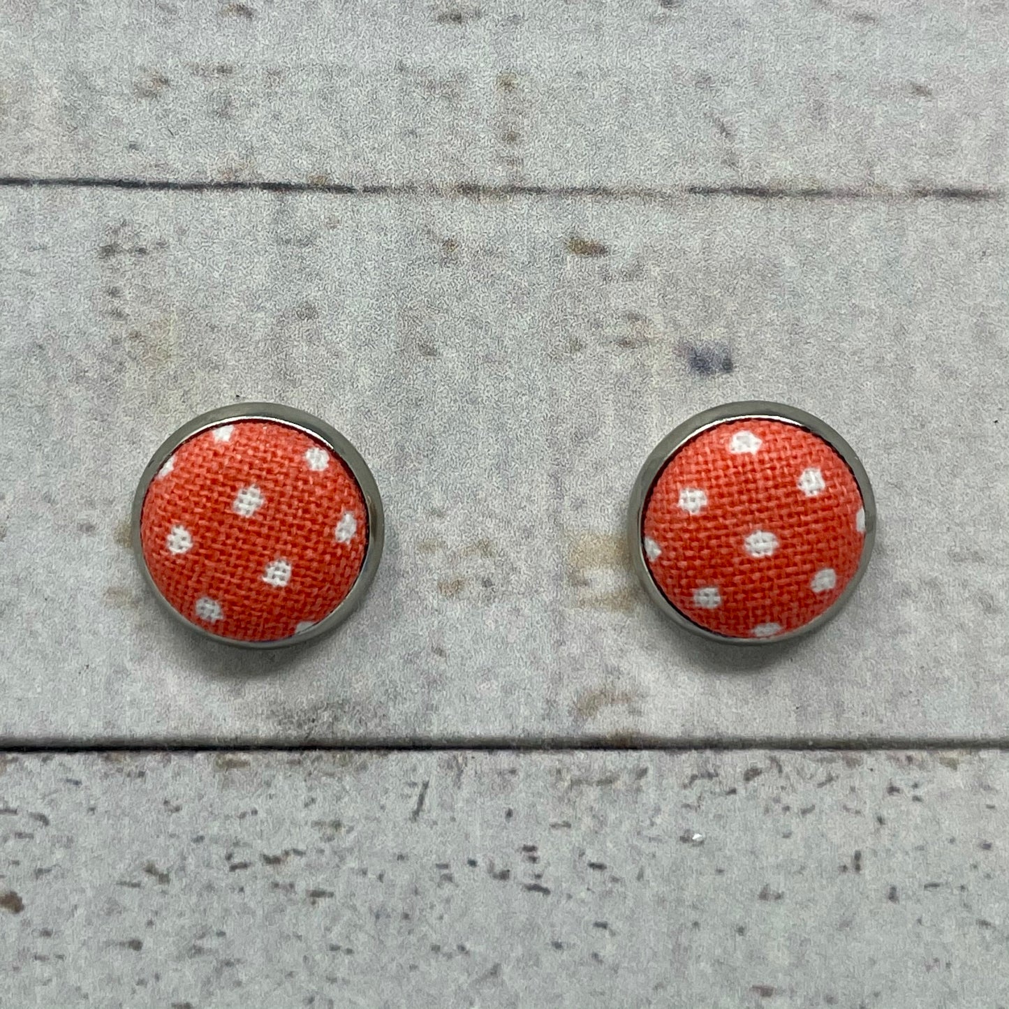 Coral & White Spotted Fabric Stud Earrings