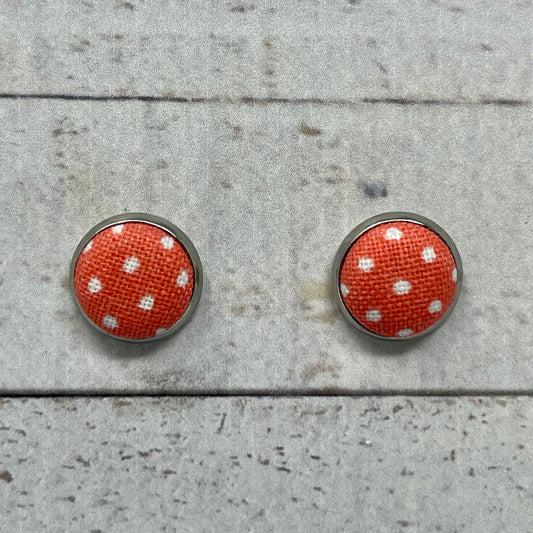 Coral & White Spotted Fabric Stud Earrings