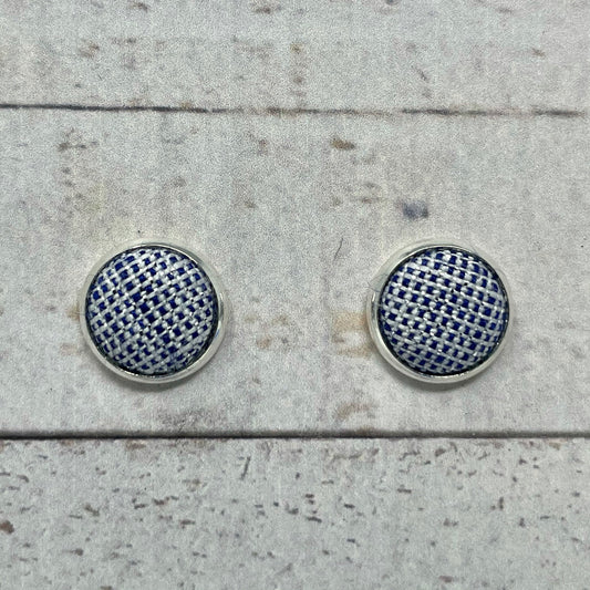 Blue & White Woven Fabric Stud Earrings