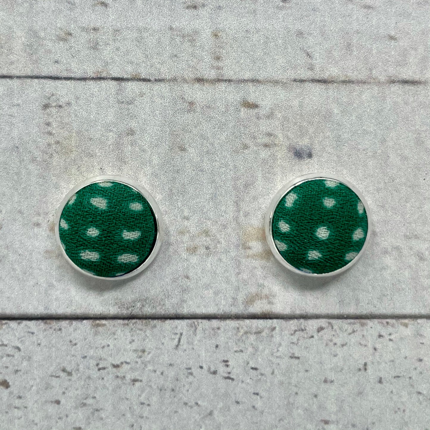 Green & White Spotted Fabric Stud Earrings