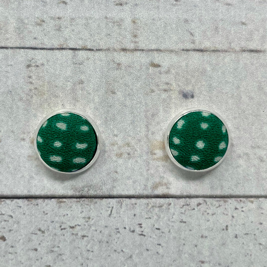 Green & White Spotted Fabric Stud Earrings