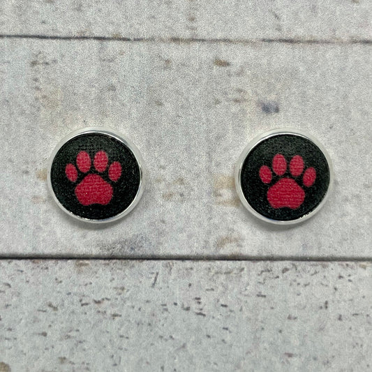 Red and Black Paw Fabric Stud Earrings