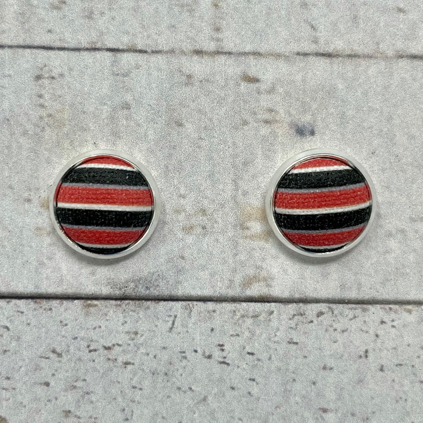 Black, Orange & White Striped Fabric Stud Earrings