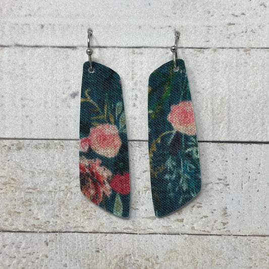 Teal Floral Fabric Bar Earrings