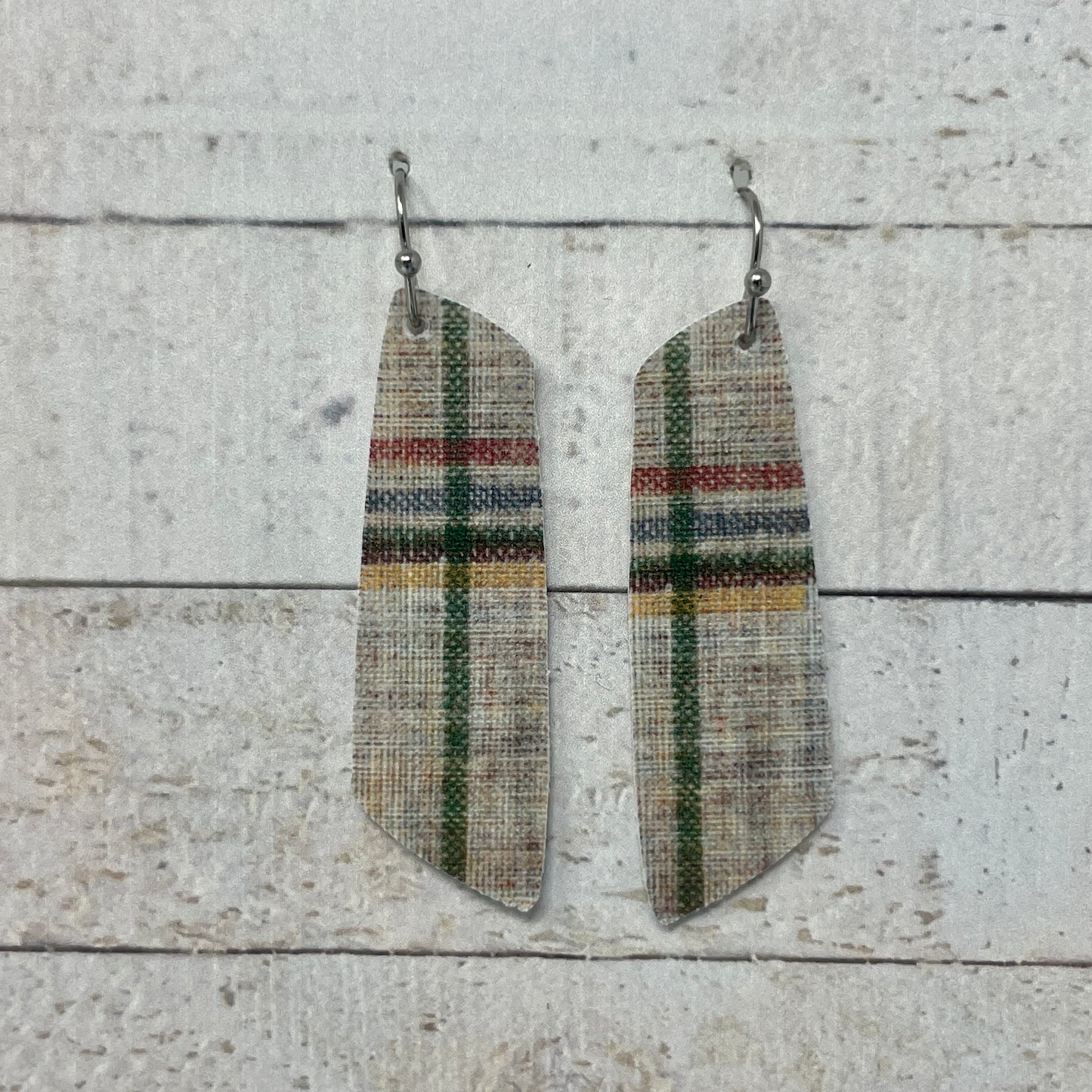 Tan Plaid Fabric Bar Earrings