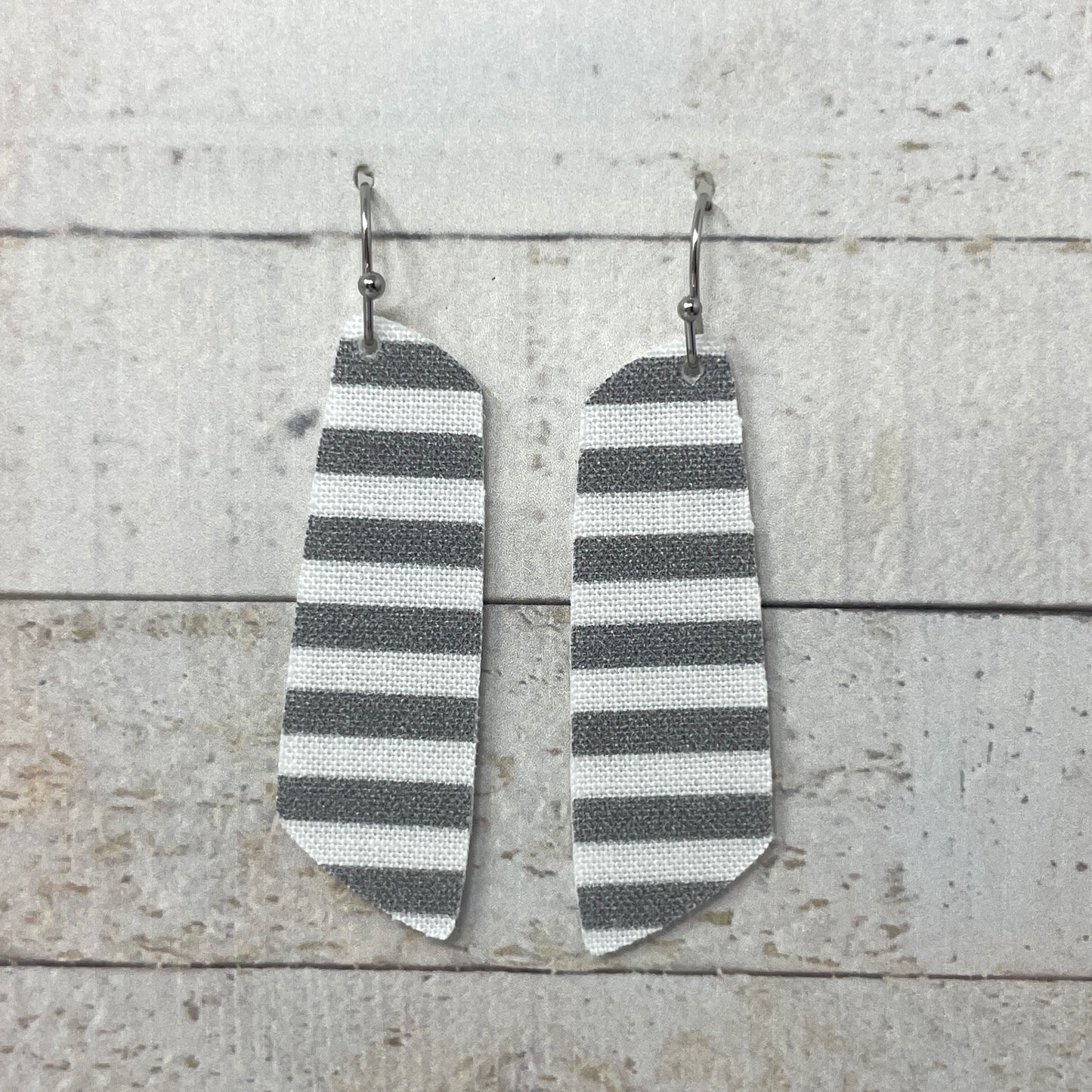 Gray & White Striped Fabric Bar Earrings