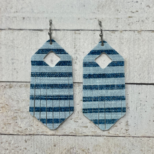 Blue Striped Fabric Fringe Earrings