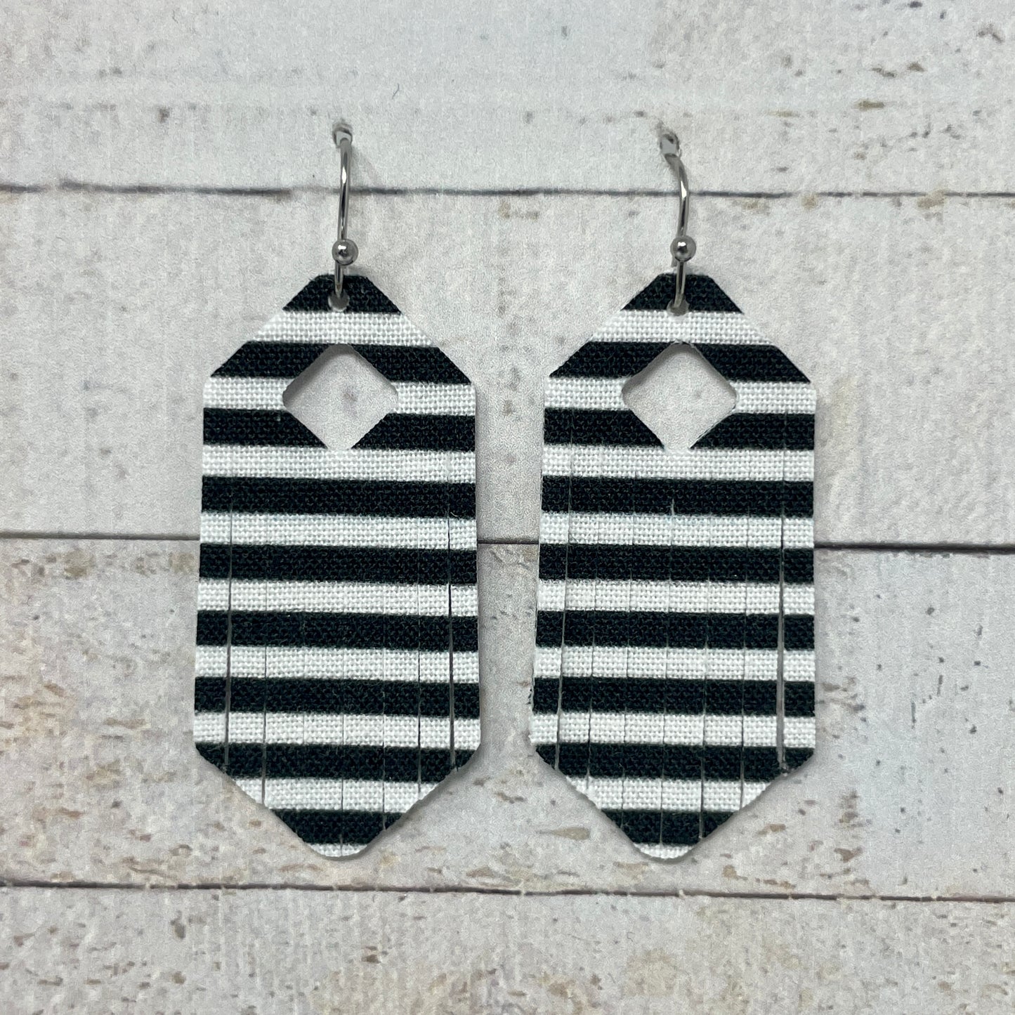 Black & White Striped Fabric Fringe Earrings