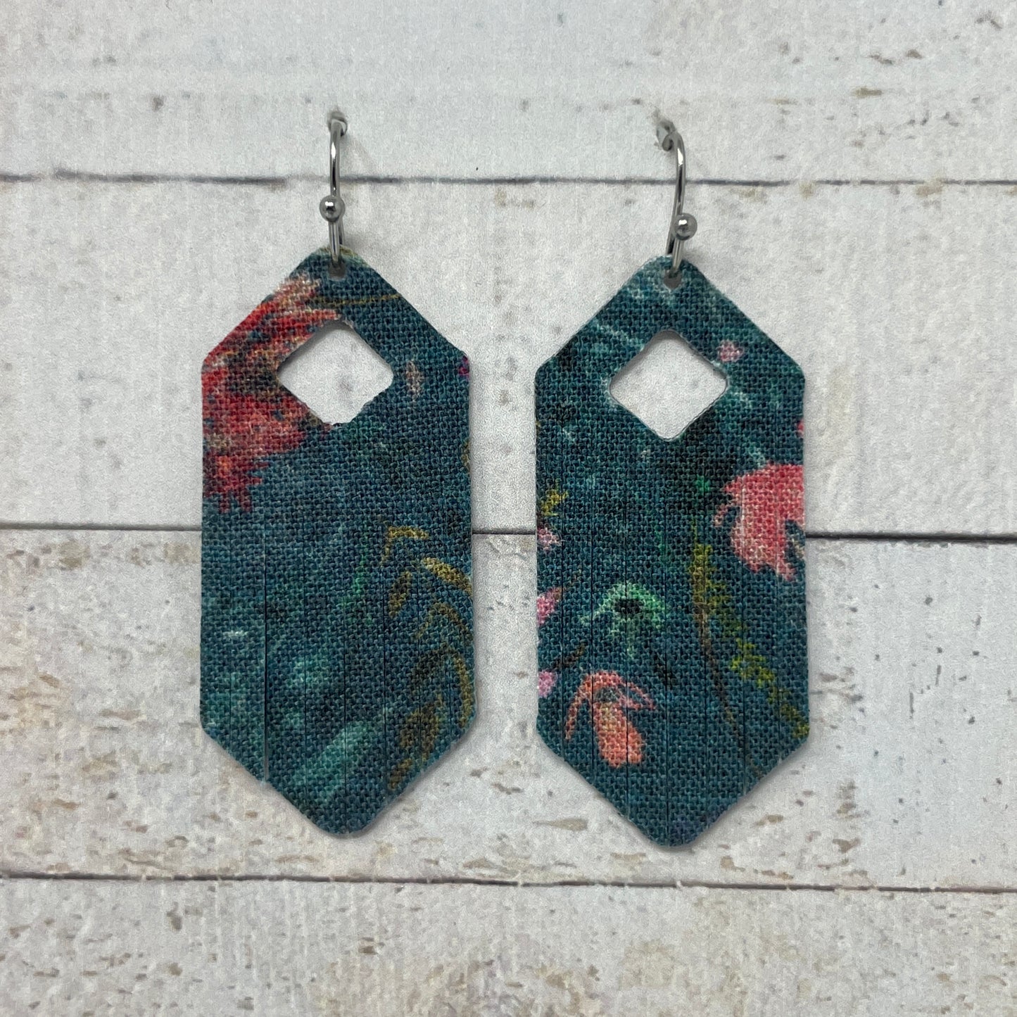 Teal Floral Fabric Fringe Earrings