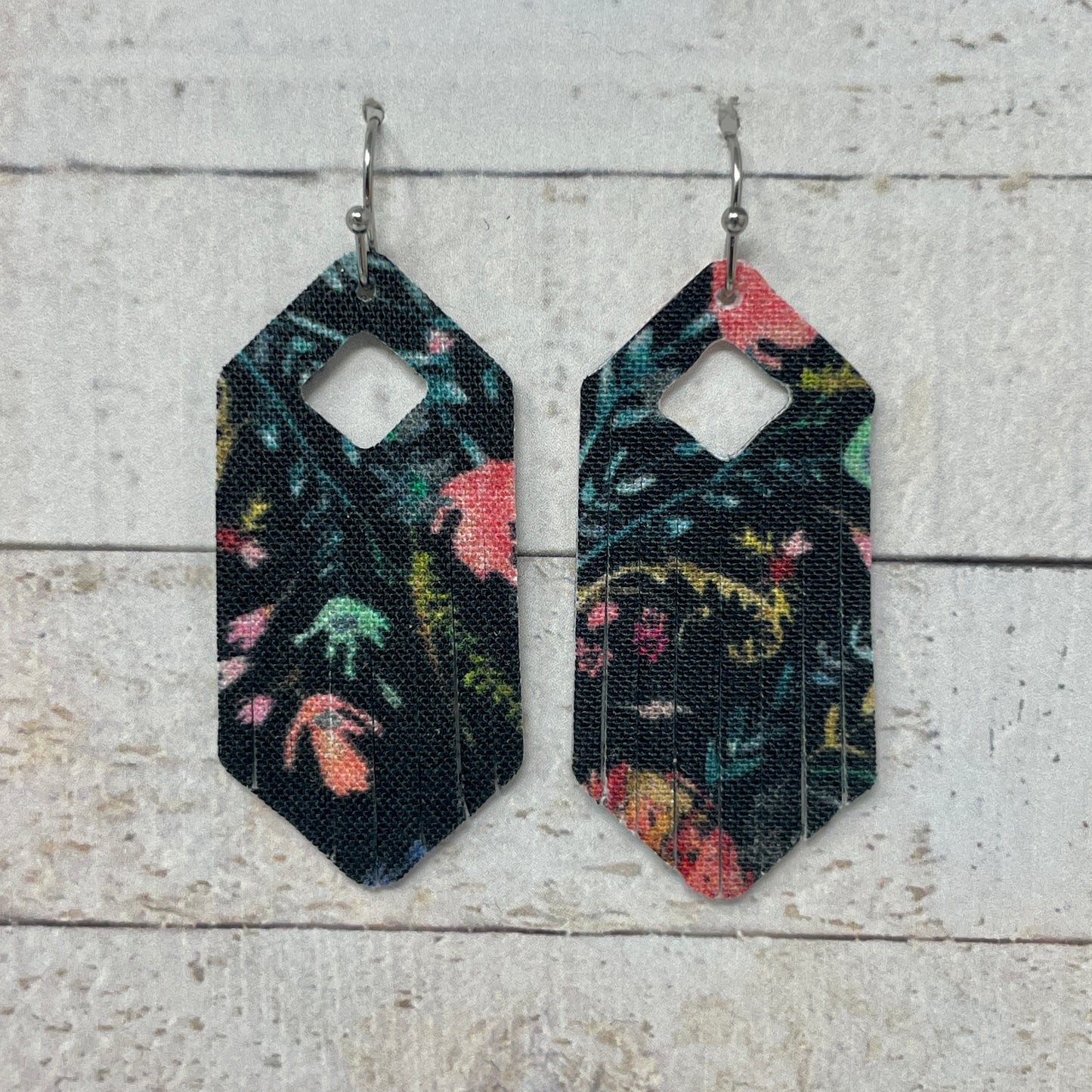 Black Floral Fabric Fringe Earrings