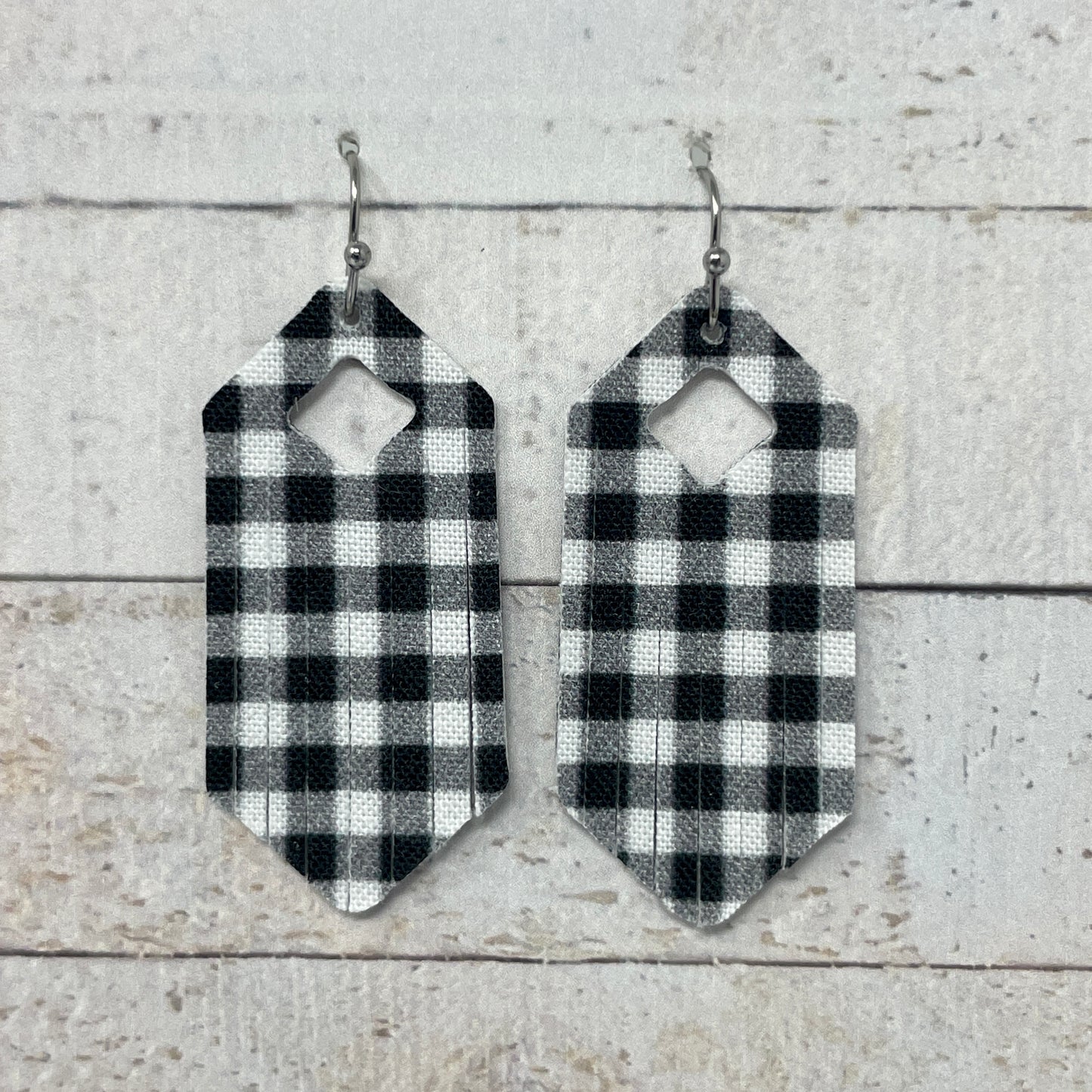 Black & White Plaid Fabric Fringe Earrings