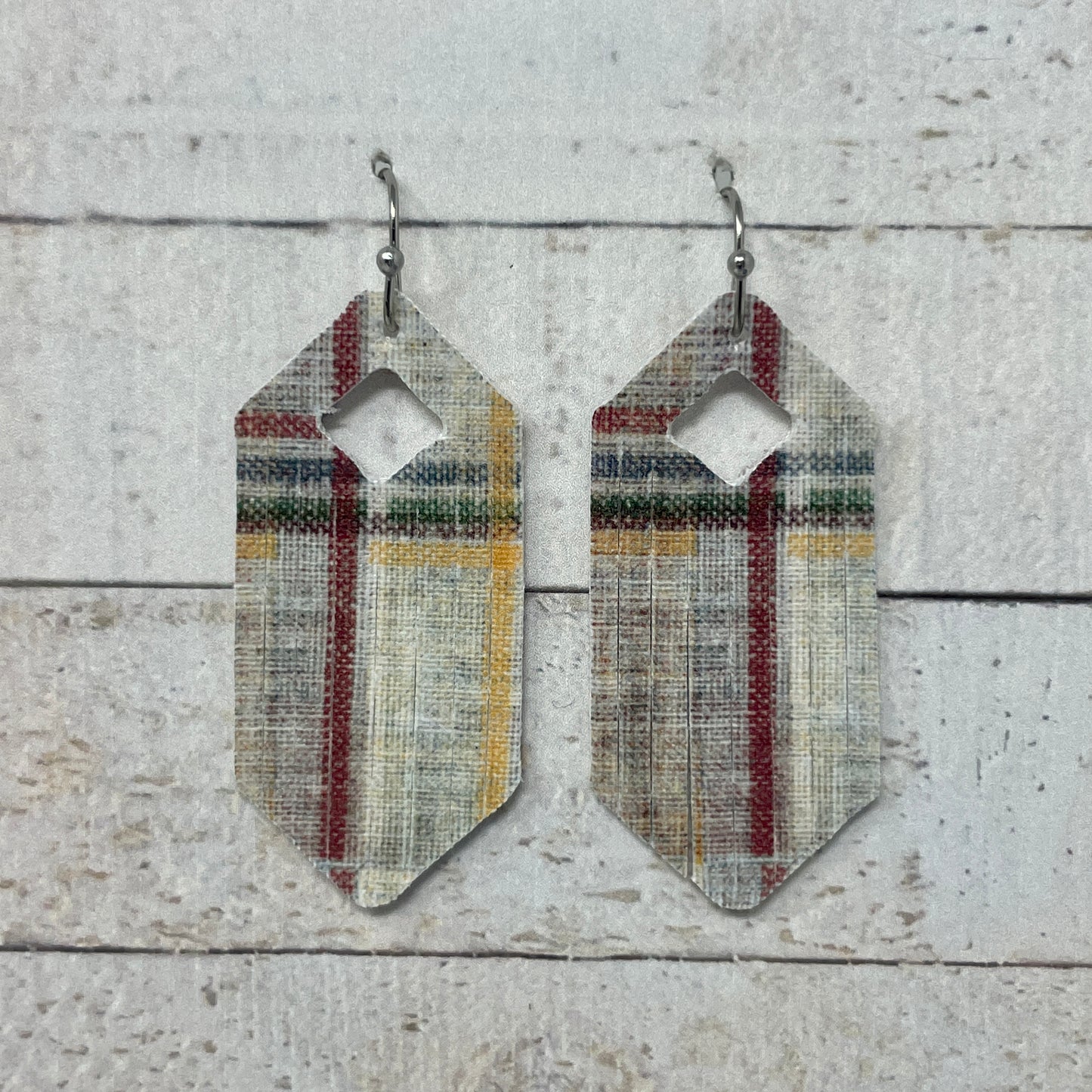 Tan Plaid Fabric Fringe Earrings