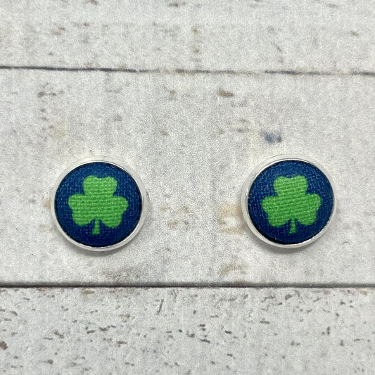 Navy Blue & Green Clover Fabric Stud Earrings