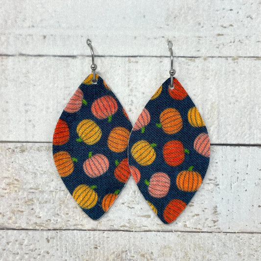 Pumpkins on Navy Fabric Petal Earrings
