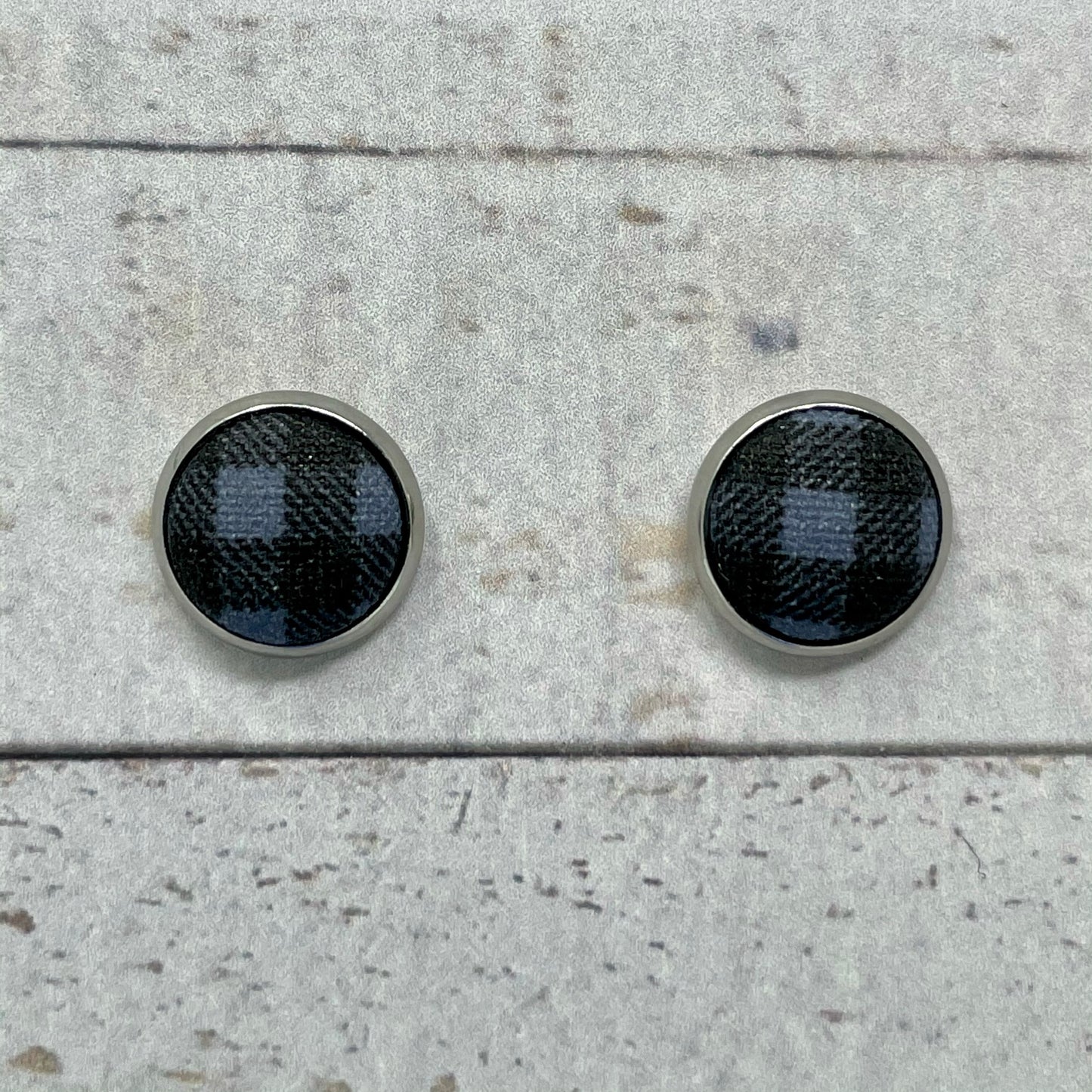 Black and Gray Plaid Fabric Stud Earrings