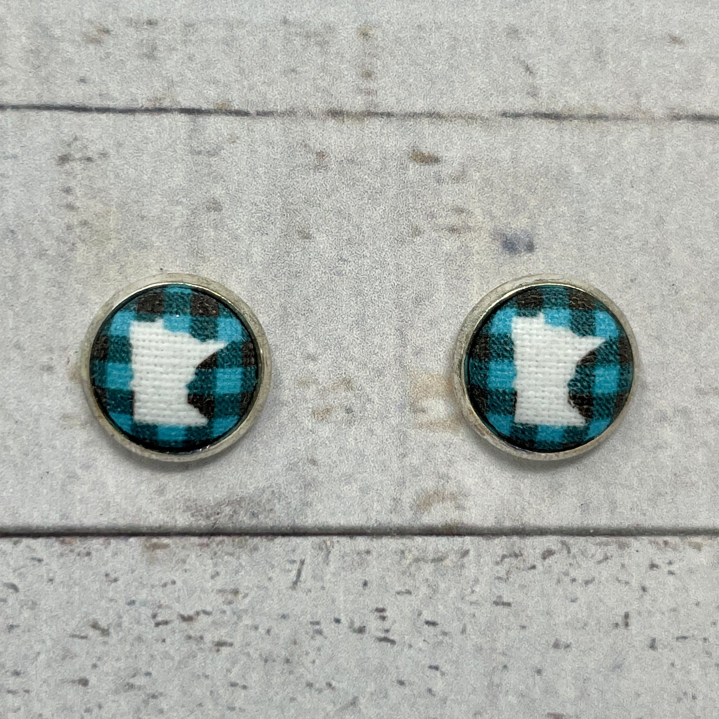 Turquoise and Black Plaid Minnesota Fabric Stud Earrings