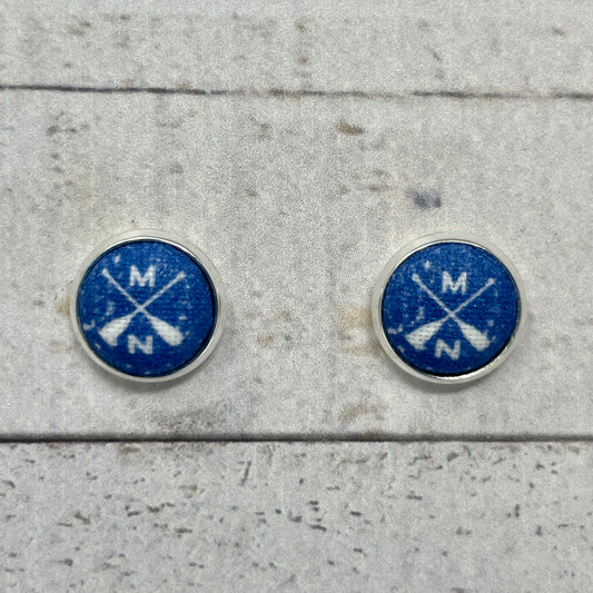 Blue Distressed Minnesota Paddle Fabric Stud Earrings