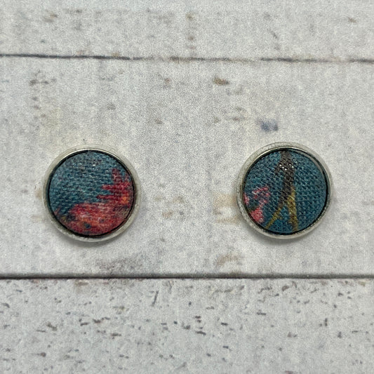 Teal Floral Fabric Stud Earrings