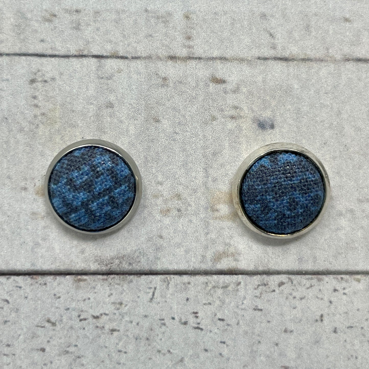 Blue Grasscloth Fabric Stud Earrings