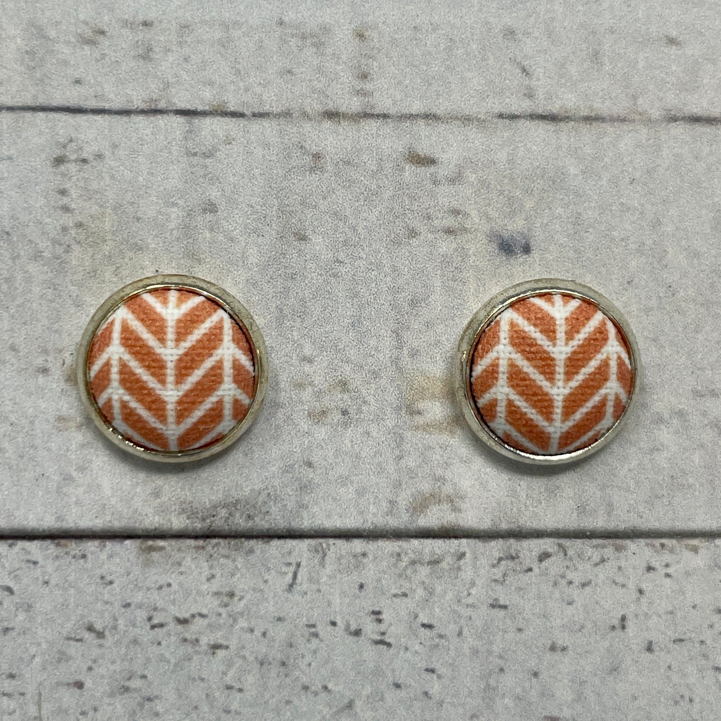 Orange and White Herringbone Fabric Stud Earrings