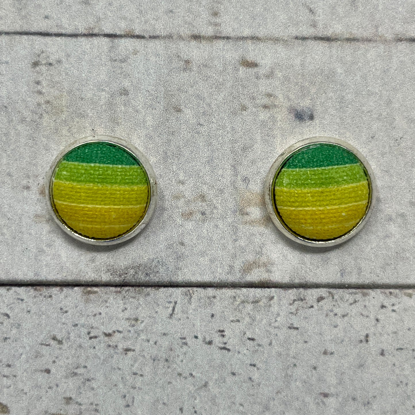 Green and Yellow Striped Fabric Stud Earrings