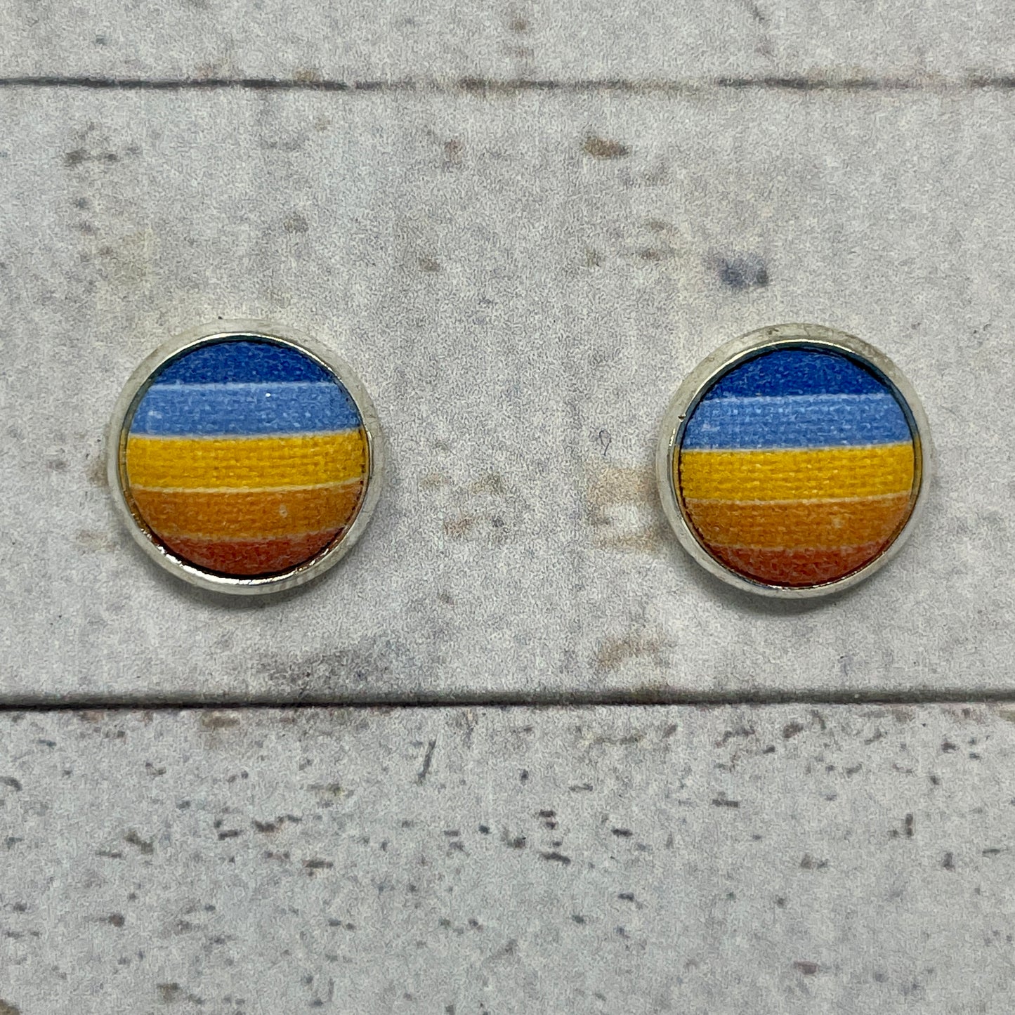 Orange and Blue Striped Fabric Stud Earrings