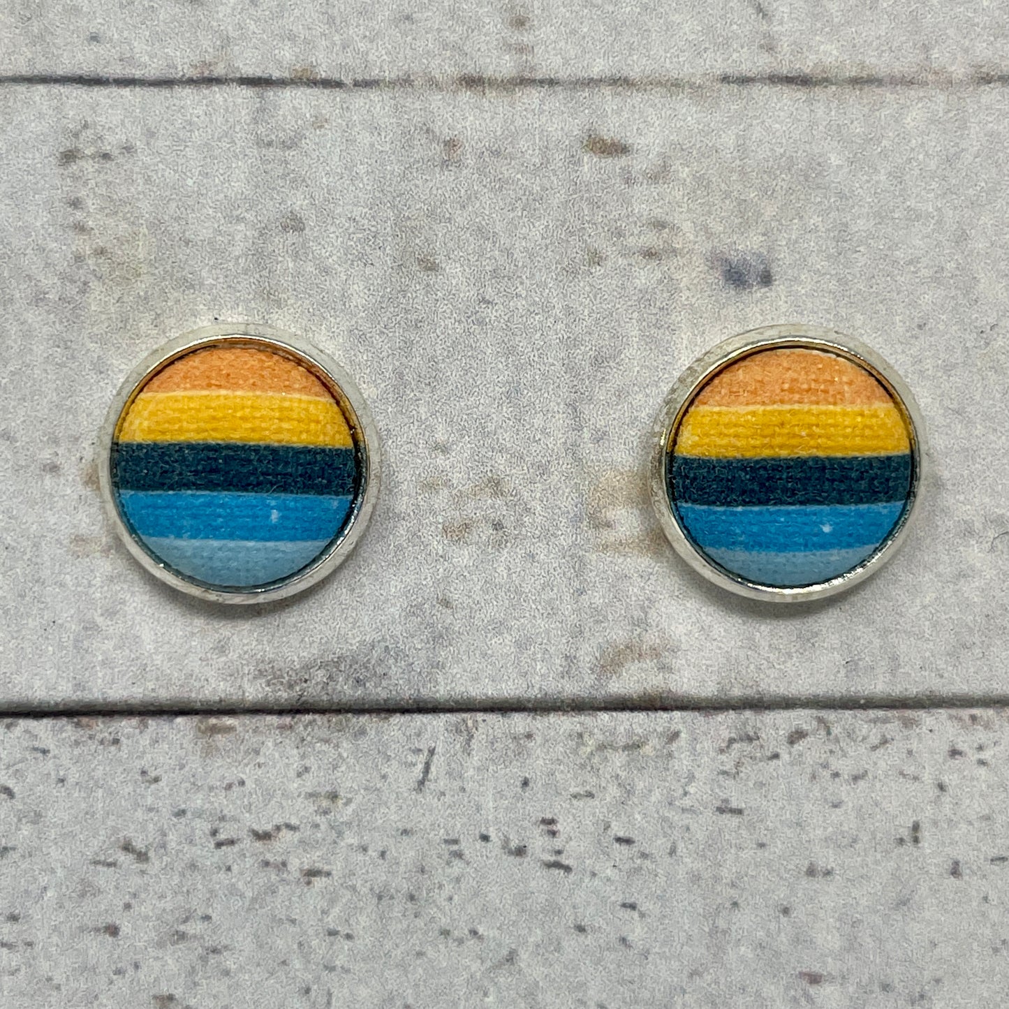 Blue and Orange Striped Fabric Stud Earrings