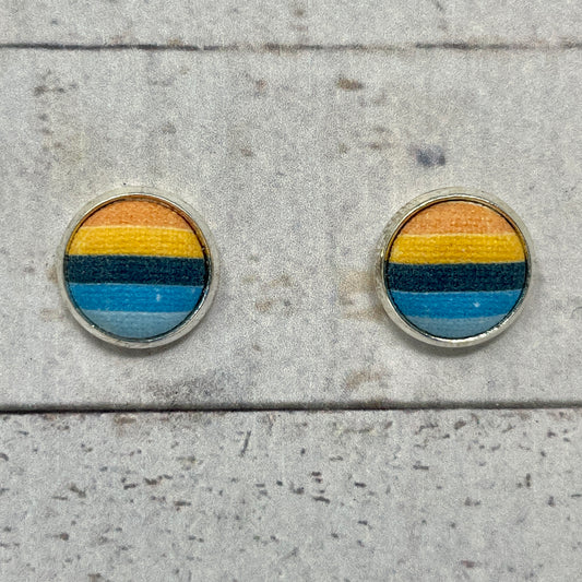 Blue and Orange Striped Fabric Stud Earrings