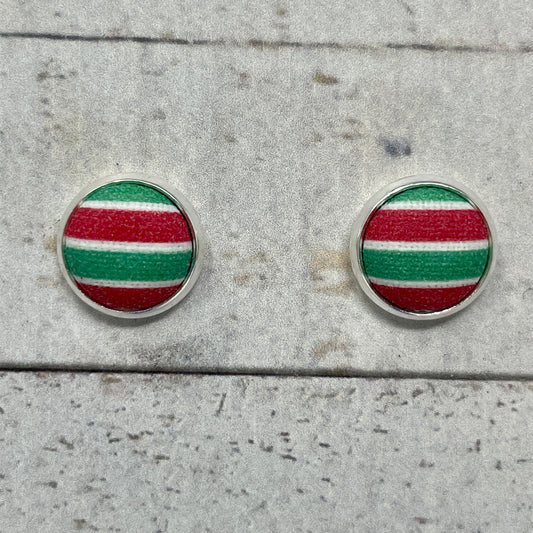 Red, Green, & White Striped Fabric Stud Earrings