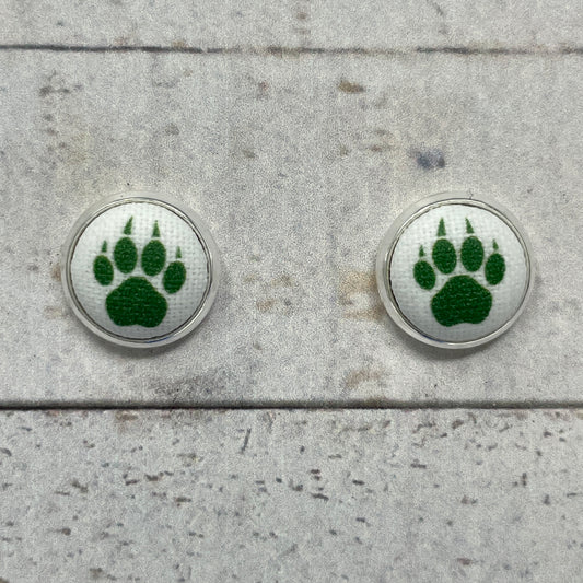 White and Green Wolf Paw Fabric Stud Earrings