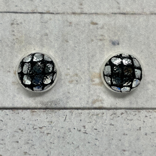 Black and Silver Foil Fabric Stud Earrings