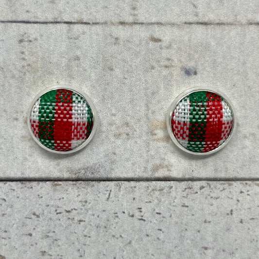 Red, Green, & White Plaid Fabric Stud Earrings