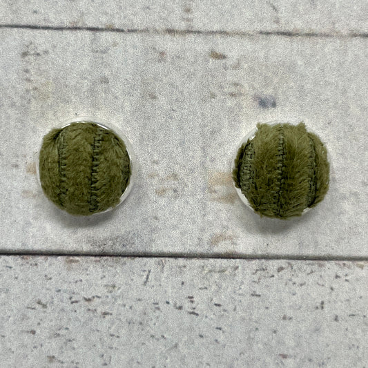 Olive Green Fuzzy Fabric Stud Earrings