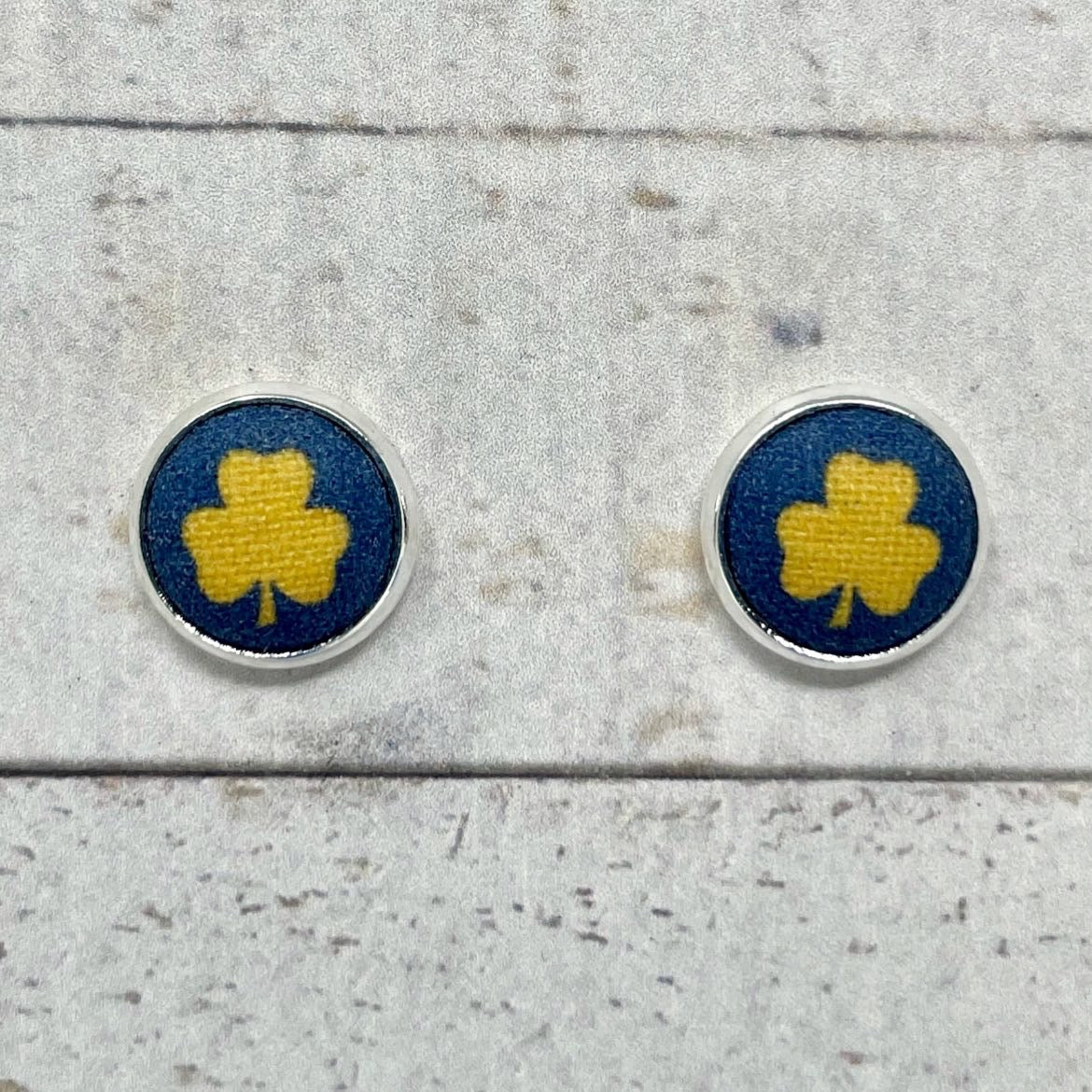 Navy Blue & Gold Clover Fabric Stud Earrings