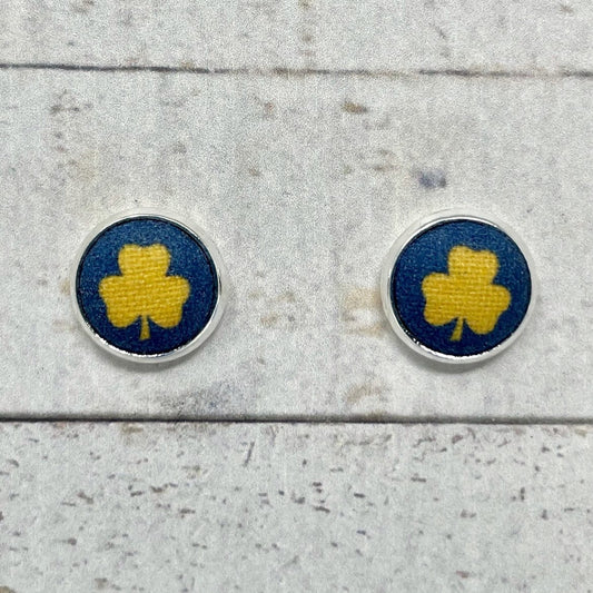 Navy Blue & Gold Clover Fabric Stud Earrings