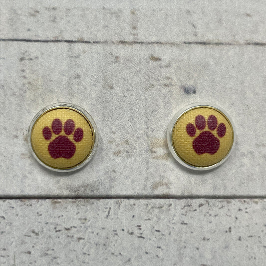 Gold with Maroon Paw Fabric Stud Earrings