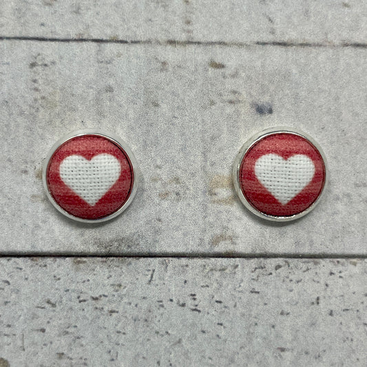 Pink Striped Heart Fabric Stud Earrings